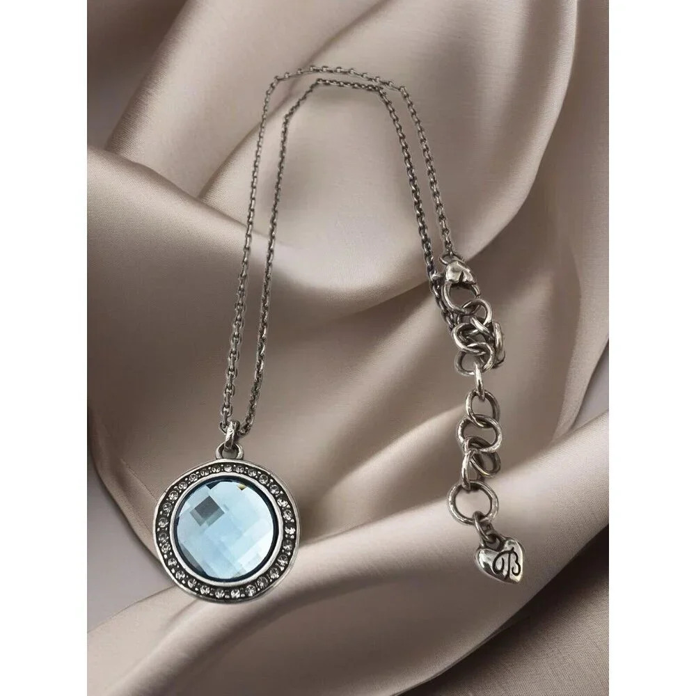 Beautiful BRIGHTON Blue Crystal Cz Silver Pendant 16-18” Necklace Silver Plated